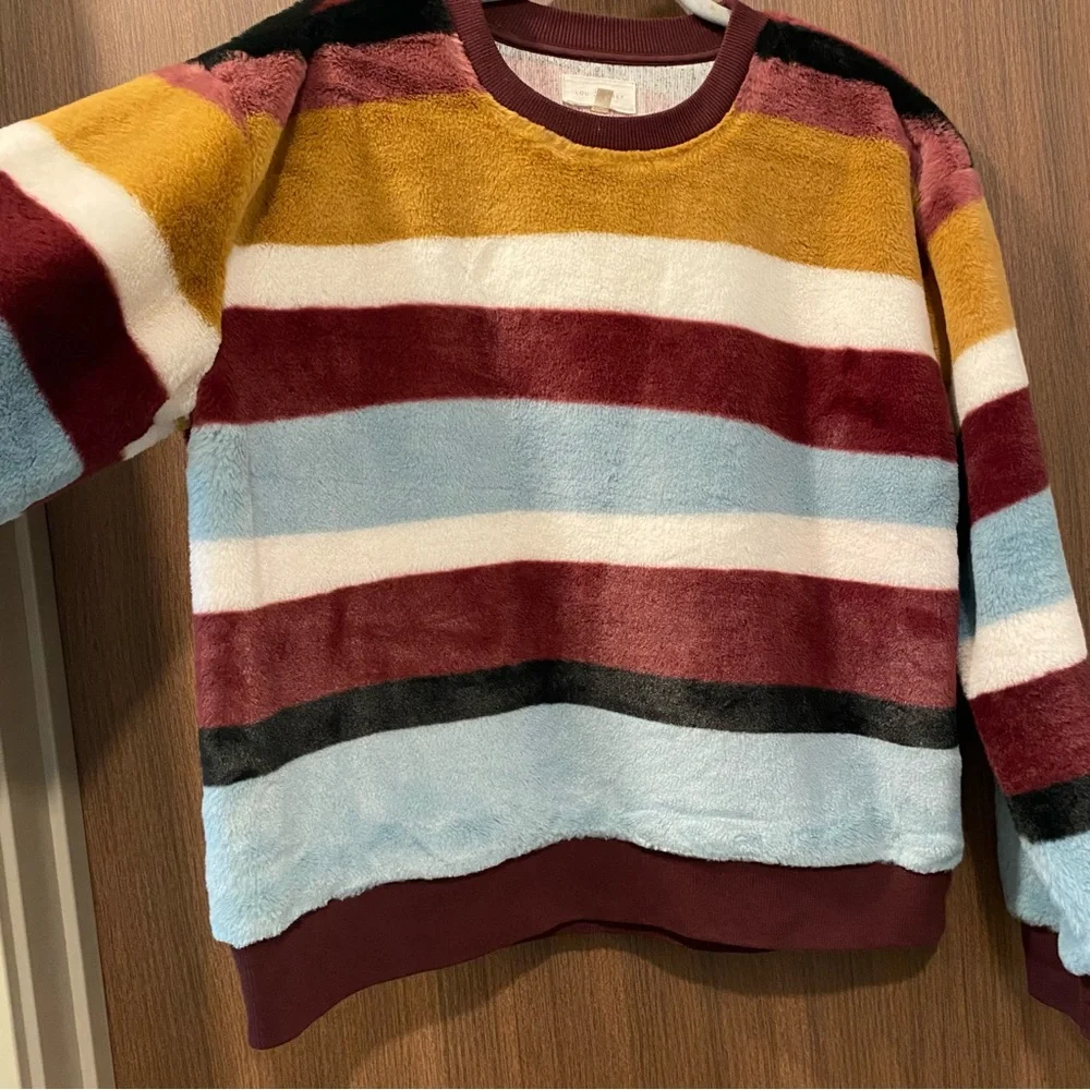 Lou‎ & Gray Faux Fur Striped Pullover Sweater Size Large Crewneck Ribbed Trim - Picture 8 of 14